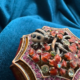 Gold Tone Ladybug Enameled Trinket Box | Rhinestone Accent UV Reactive Decorative Box