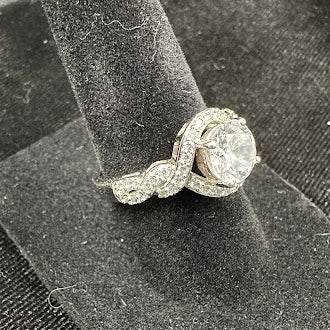Silver Tone Crystal Solitaire Ring with Twisted Pavé Band