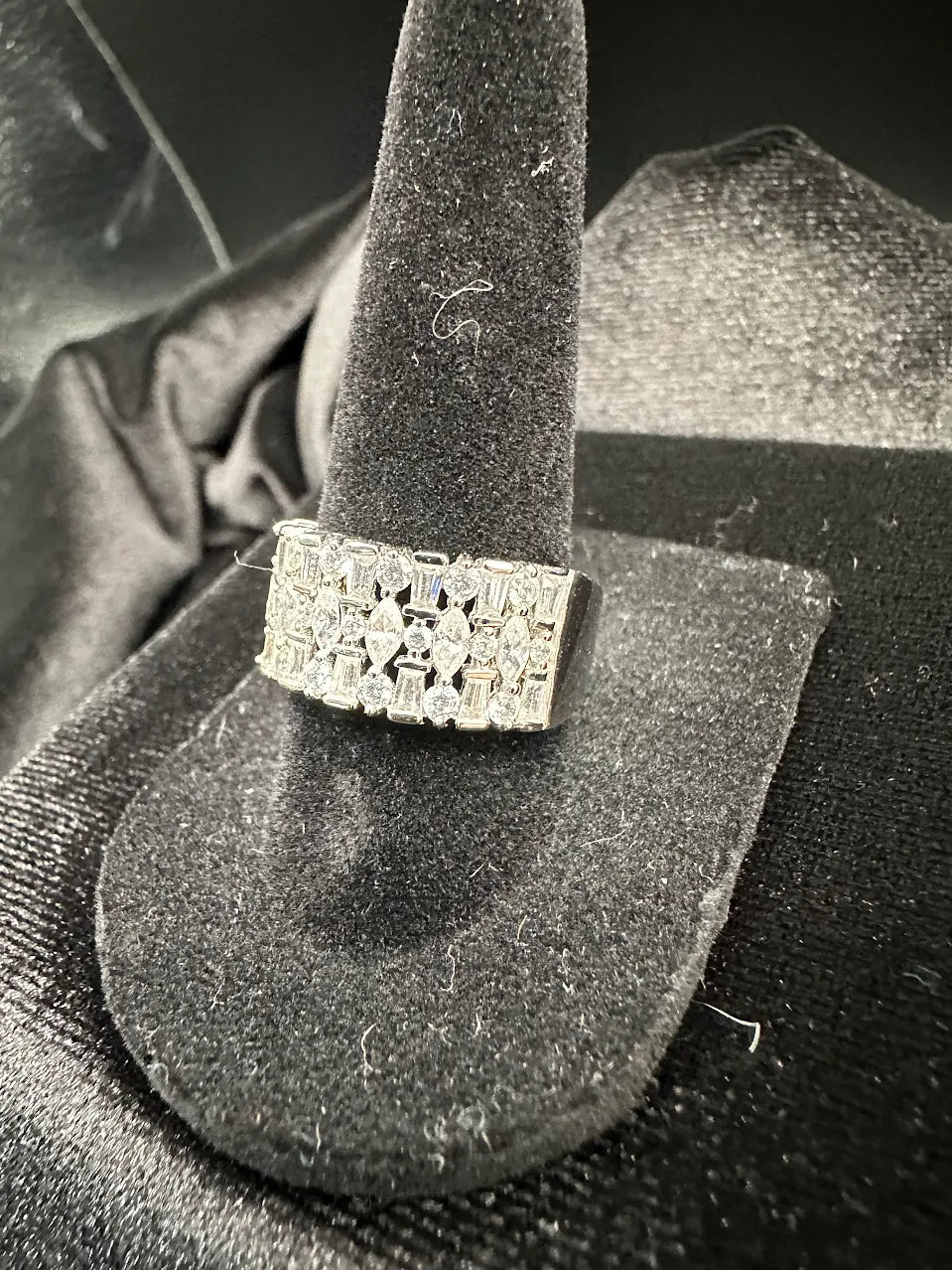 Silver Tone Clear Crystal Wide Band Ring Statement Multi Row Cocktail Design