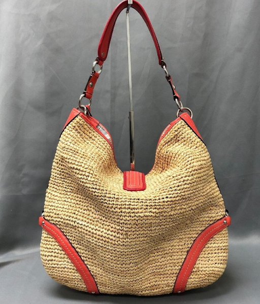 Coach Oversized Straw Hobo with Tangerine Leather Trim, Large Shoulder Bag