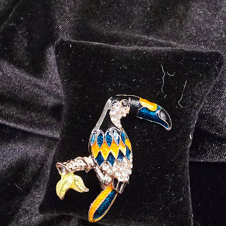 (SOLD) Gold tone enamel toucan brooch colorful tropical bird on branch pin
