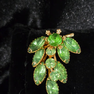 Gold Tone Green Stone Brooch UV Reactive Uranium Glass Stones Leaf Spray Pin Prong Set Green Navette Stones Safety Clasp