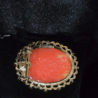 Signed Gerry's Gold Tone Cameo Brooch with Floral Portrait & Roses | Vintage Oval Scalloped Frame Pin