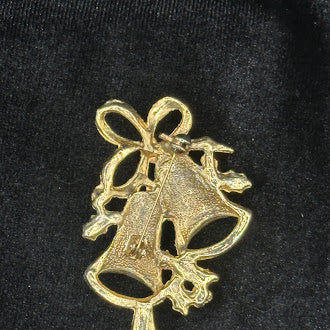 Red enamel Christmas bells brooch with rhinestones, holly leaves and gold-tone bow, view 3