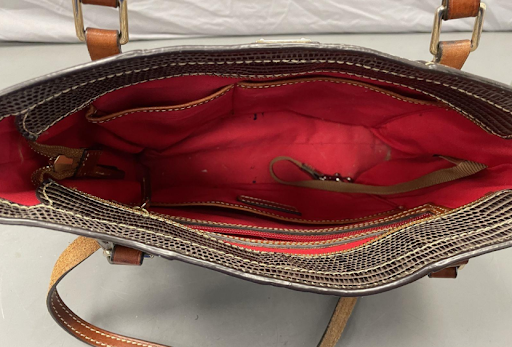 Dooney and Bourke grey lizard-embossed leather tote with tan leather straps, view 3