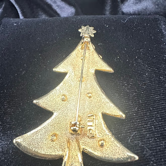 LIA gold-tone green enamel Christmas tree brooch with clear crystal ornaments and star, view 7