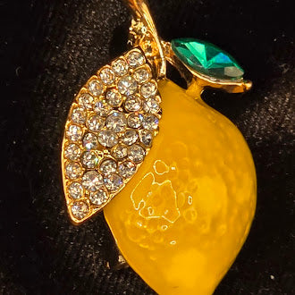 Gold-tone yellow enamel lemon brooch with pavé rhinestone leaf and green stone, view 2