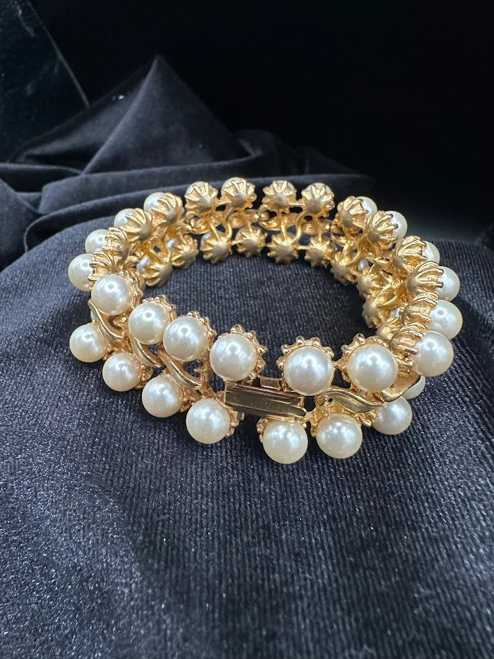 Gold Tone Faux Pearl Statement Bracelet Double Row Cluster Beaded Stretch Bracelet Jewelry