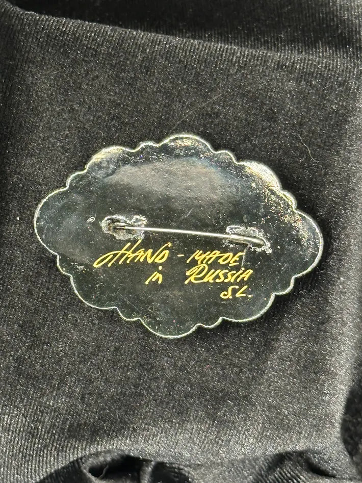 Painted enamel Santa sleigh brooch with two reindeer on midnight blue in scalloped gold-tone frame, view 2