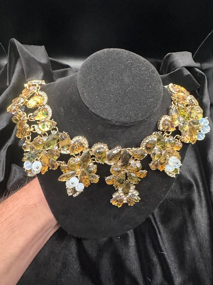 Gold-tone floral crystal statement collar necklace with blue, smoky gray and clear stones, view 4