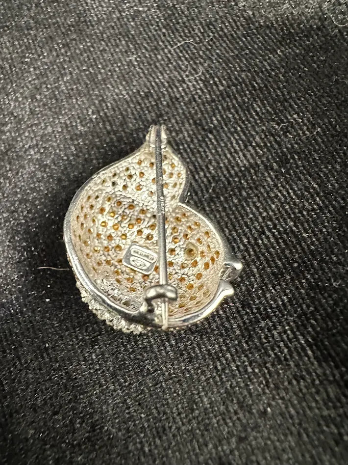 Figural fish brooch marked 925 Thailand with gold-tone finish and clear pavé crystals, view 3