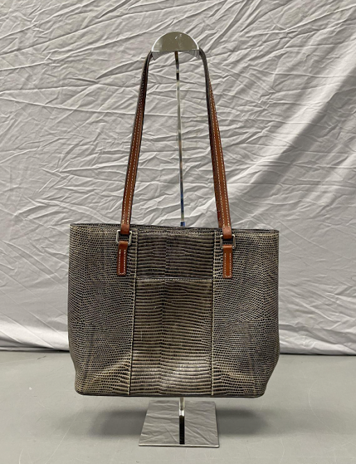 Dooney and Bourke grey lizard-embossed leather tote with tan leather straps, view 2
