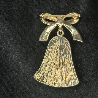 Liz Claiborne Christmas Bell Brooch Red Enamel Holiday Pin Gold Tone Bow with Rhinestones Vintage