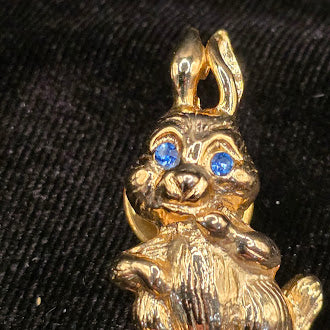 Gold Tone Bunny Brooch Small Rabbit Pin with Blue Rhinestone Eyes