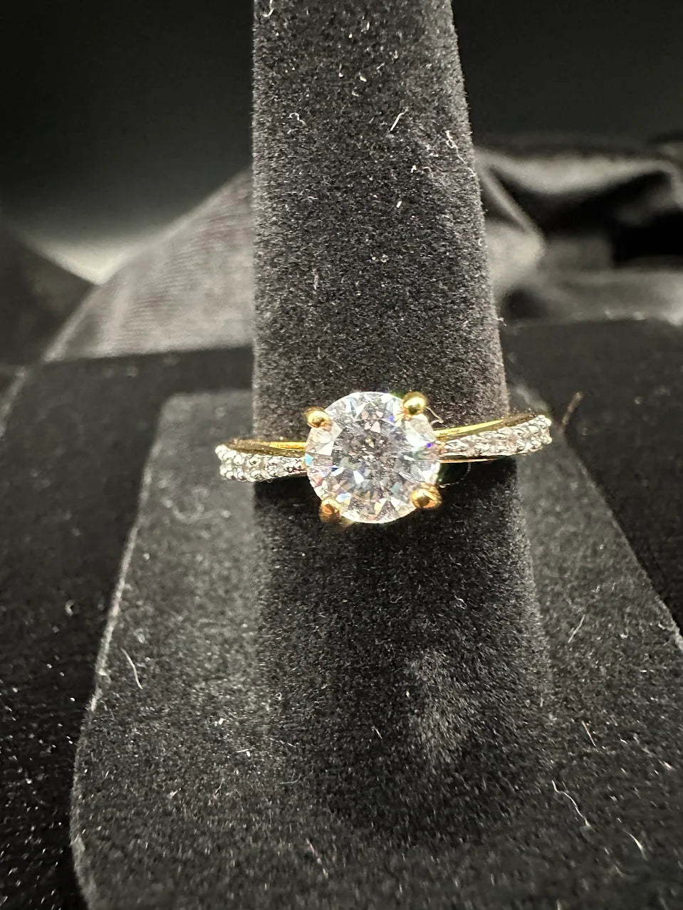 Gold Tone Clear Crystal Solitaire Ring Pave Band Bridal Inspired Design