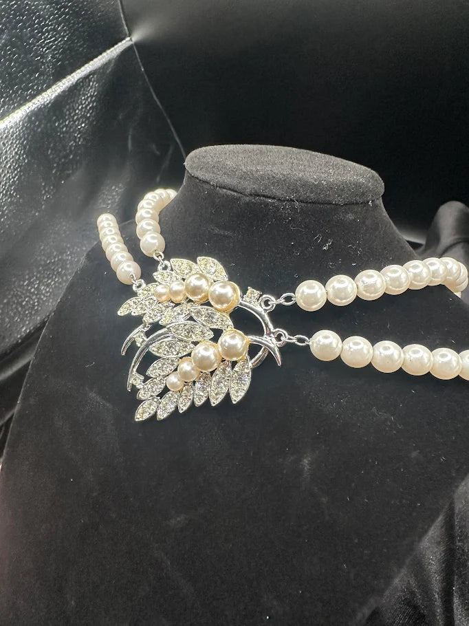 Simons double strand faux pearl necklace with silver-tone crystal leaf pendant, view 4