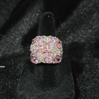 Sterling Silver Pink & White CZ Star Cluster Dome Ring | Pavé Statement Cocktail Ring