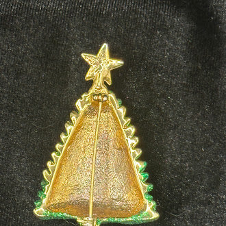 Green glitter Christmas tree brooch with gold-tone star on top, view 3