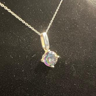 925 Sterling Silver Mystic Topaz Pendant Necklace 16” Round Cut Rainbow Crystal Solitaire