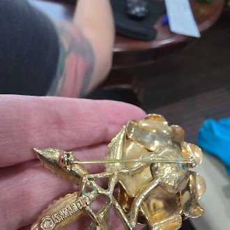 Vintage Sarah Coventry Flower Brooch Amber Rhinestone Enamel Leaves Gold Tone Floral Estate Designer Pin