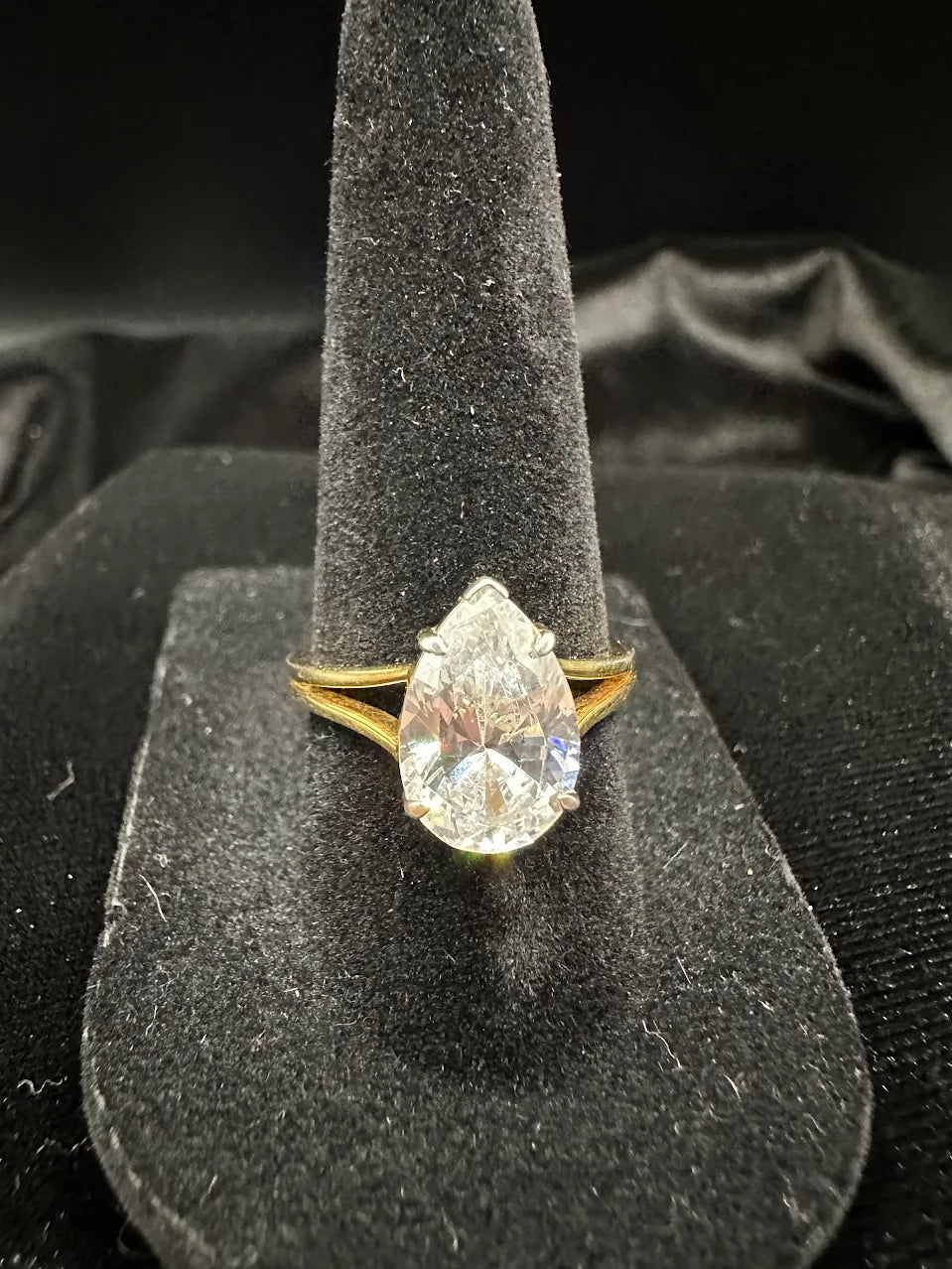 Gold Tone Clear Crystal Pear Solitaire Ring Bridal Inspired Statement Design
