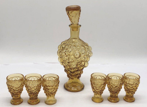 Vintage Amber Glass Decanter Set with 6 Cordial Glasses