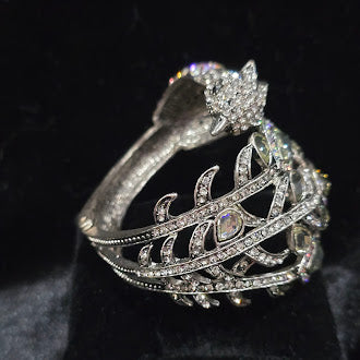 Bird of Paradise Peacock Hinged Cuff Bracelet Silver Tone Iridescent Rhinestones Statement Animal Cuff Vintage Glam Style