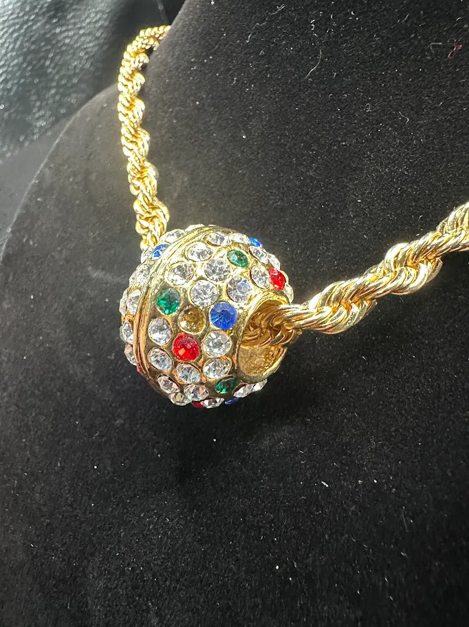 Gold-tone textured chain necklace with multicolor rhinestone ball pendant, view 5
