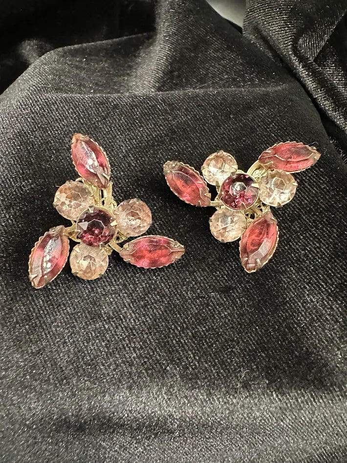 1950s–1960s Gold Tone Pink and Clear Crystal Floral Cluster Clip Earrings Marquise Rhinestone Statement Jewelry
