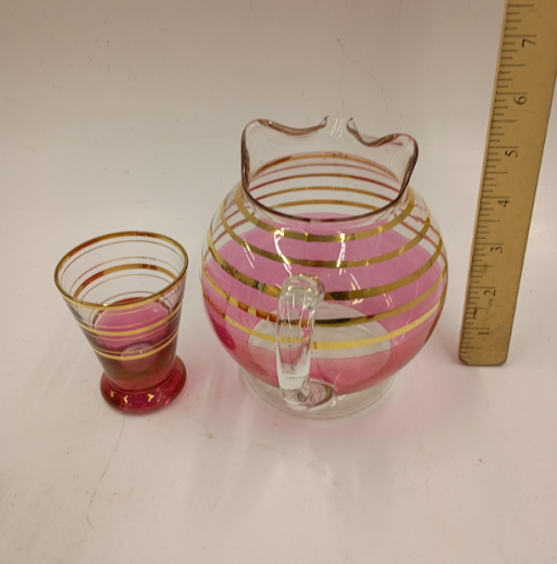 Macbeth Evans Pink Glass Pitcher Set Gold Stripe 6 Glasses Vintage Depression Era