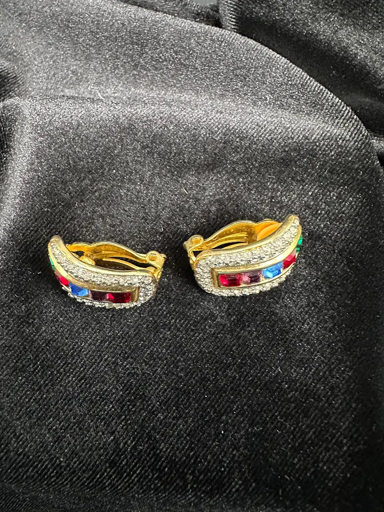 Signed Piscitelli gold-tone clip earrings with multicolor square crystals and clear crystal border, view 5