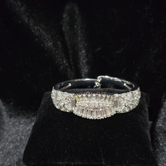 Signed Ledo silver-tone hinged bangle with clear baguette and round rhinestones, view 2