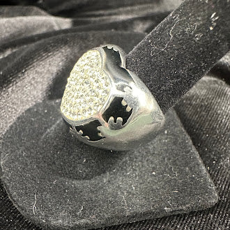 Edforce Stainless Steel Heart Signet Ring | Black Enamel & White Rhinestone Pavé Statement Ring Size 5.75
