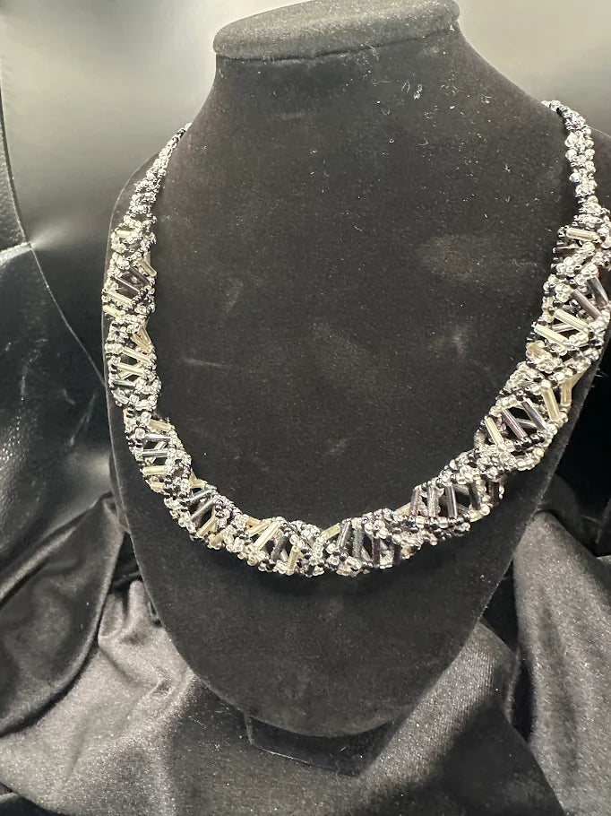 Black Silver Geometric Beaded Collar Necklace Statement Choker Jewelry