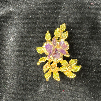 Gold-tone floral spray brooch with pink rhinestone flower and leafy branch, view 2