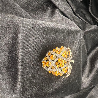 Silver-tone strawberry brooch with orange rhinestones, clear crystal accents and textured leaves, view 2