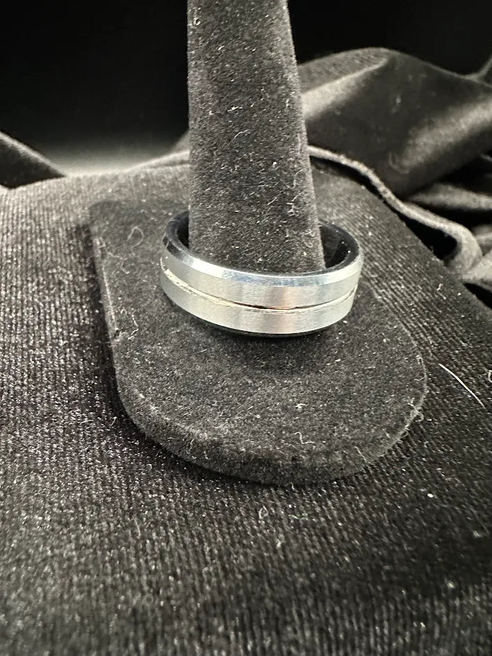 Brushed silver-color tungsten band ring with polished edges, view 2
