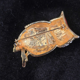 Gold-tone owl brooch with red enamel, clear rhinestone body and green eyes, view 3