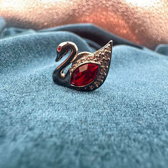 Swarovski silver tone swan tie tack with red and clear crystals