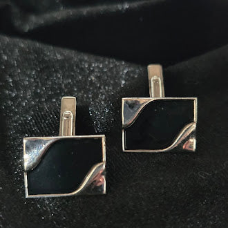 Swank Silver Tone Square Cufflinks Black Inlay Geometric Mid-Century Men’s Jewelry