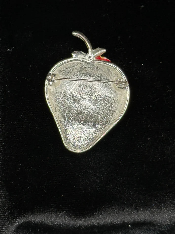 Silver-tone strawberry brooch with glossy red enamel and silver-tone seed details, view 3