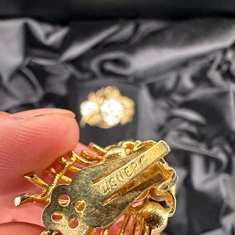 Signed Lisner gold-tone floral spray brooch and clip-on earrings with clear rhinestones, view 4