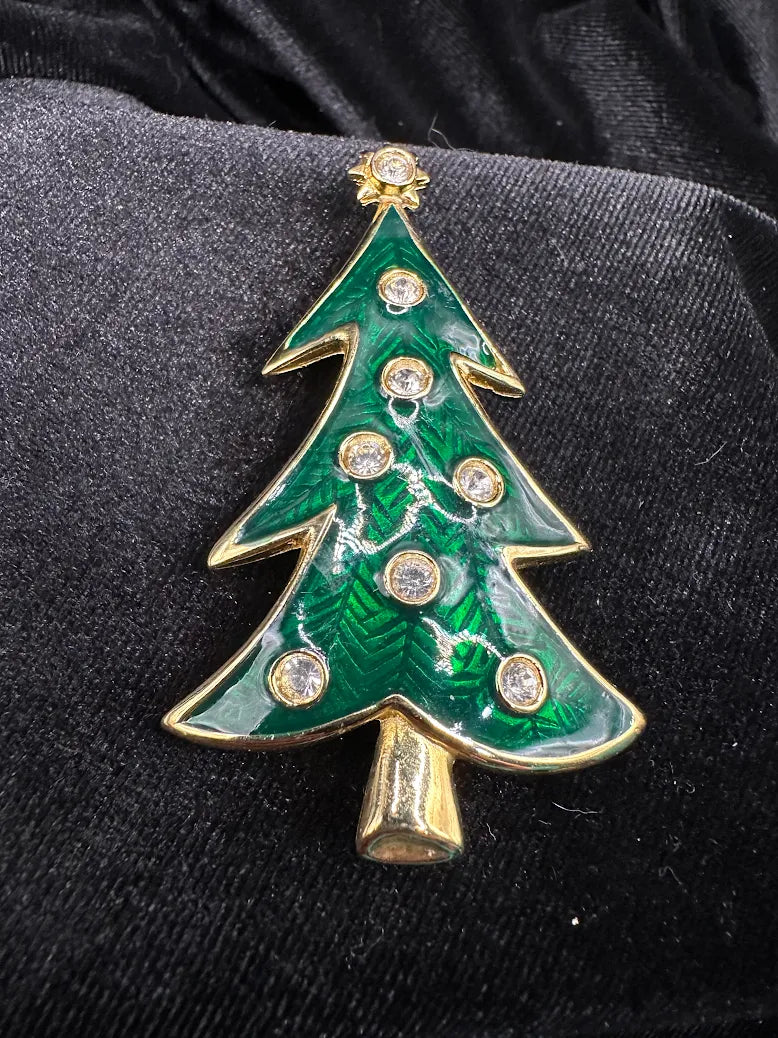 LIA gold-tone green enamel Christmas tree brooch with clear crystal ornaments and star, view 5