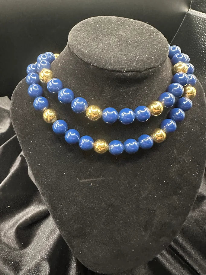 (SOLD) Lapis Blue and Gold Tone Bead Double Strand Necklace