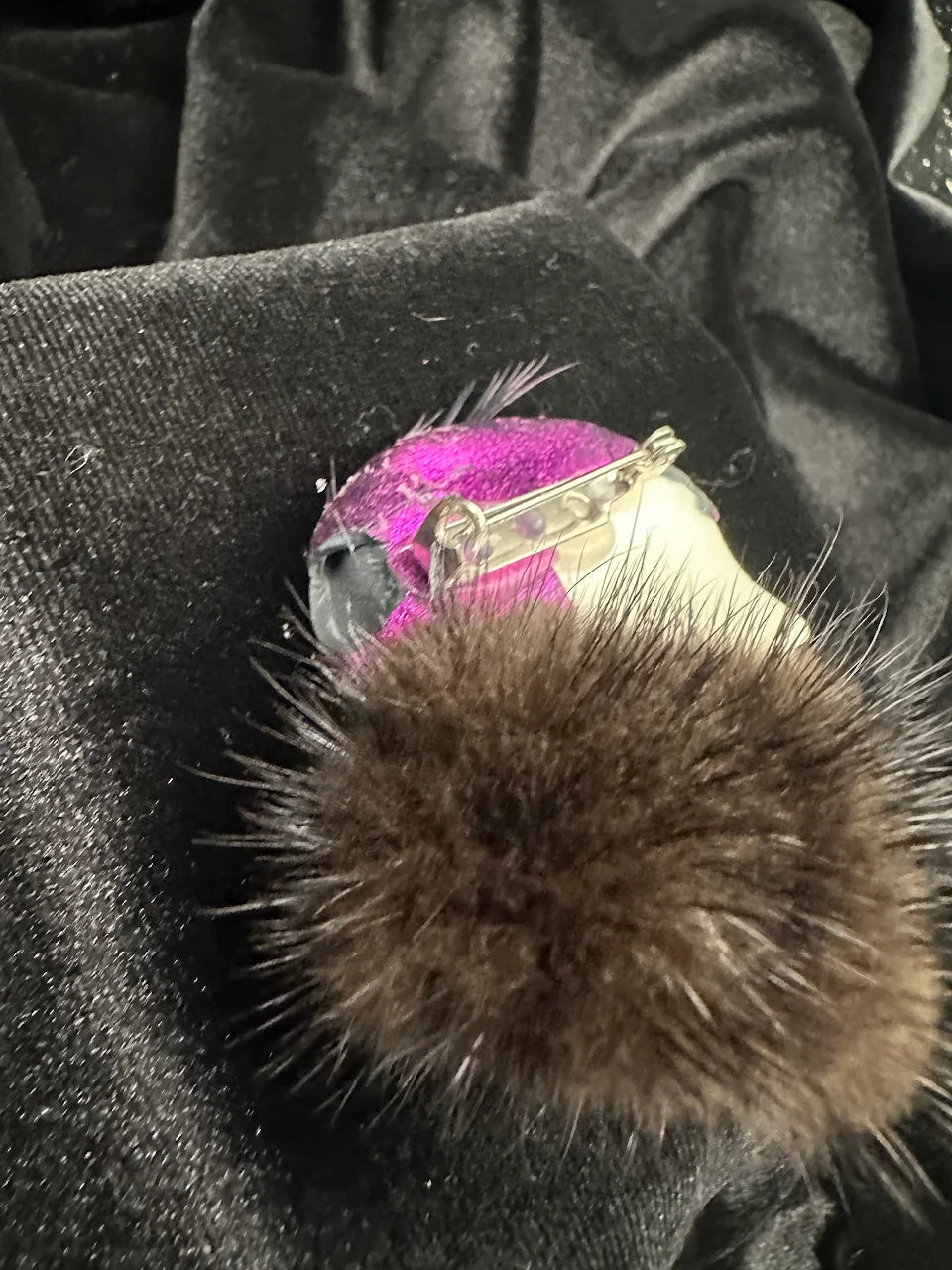 Vintage Magenta Flapper Lady Brooch with Faux Fur Collar, Rhinestone Hat Band & Feather Accent