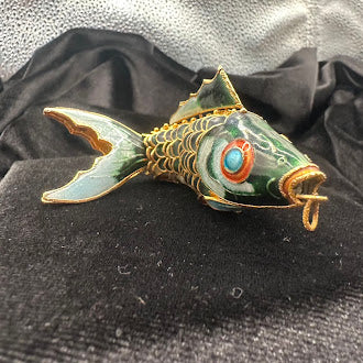 Large Cloisonné Articulated Fish Pendant Green Enamel Gold Tone Wirework Statement Necklace Charm