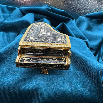 Black enamel grand piano trinket box with gold-tone floral lid and rhinestone trim, view 2