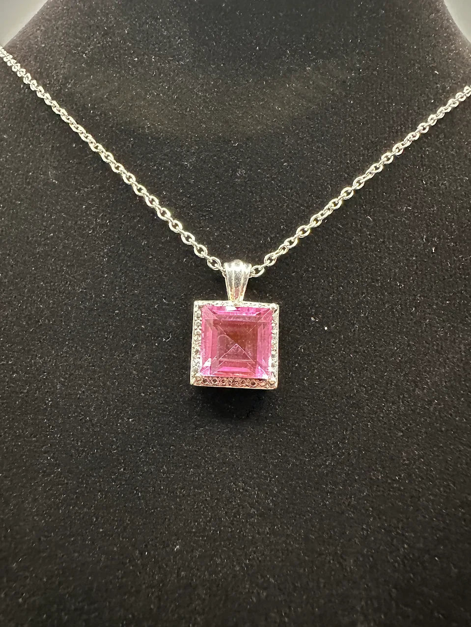 925 Sterling Silver Pink Topaz Pendant Necklace Square Halo Design