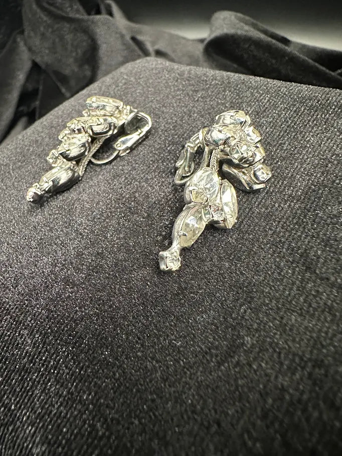 Carnegie Silver Tone Clear Rhinestone Clip Earrings with Cascading Marquis Crystal Design