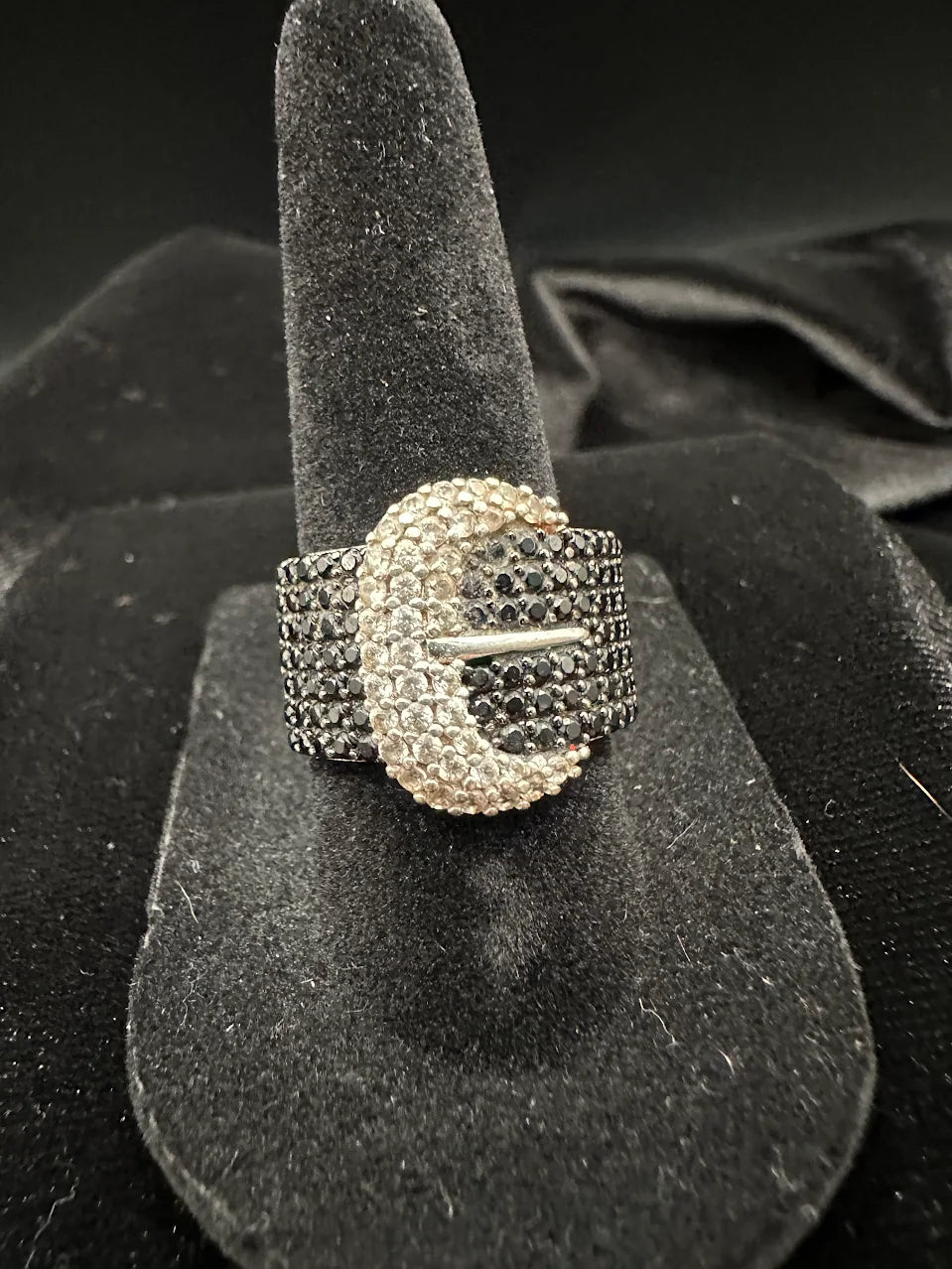 Silver Tone Black Crystal Buckle Ring Wide Band Statement Design